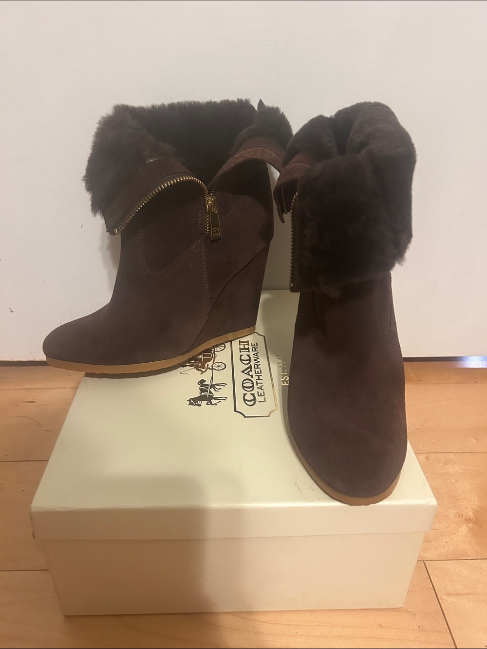 NWB. Coach Dane Suede Shearling Wedge Booties-Size 6.5